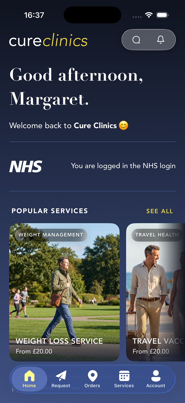 Cure Clinics app home screen