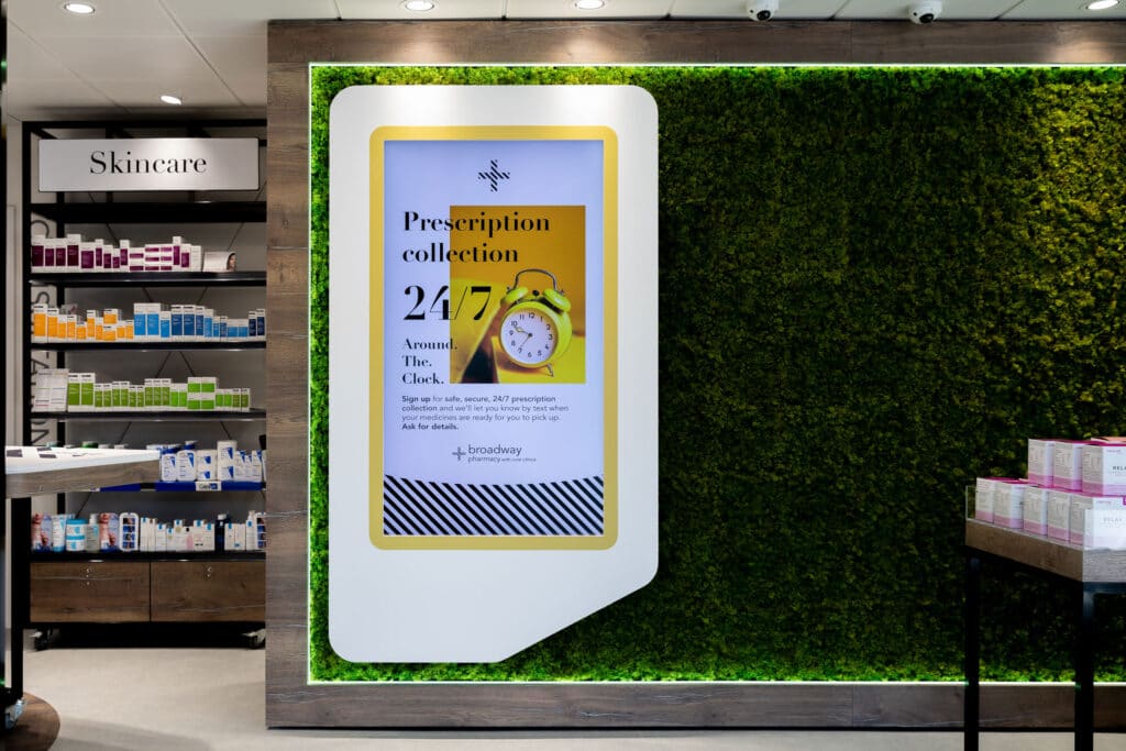 24/7 prescription collection screen at Broadway Pharmacy with Cure Clinics