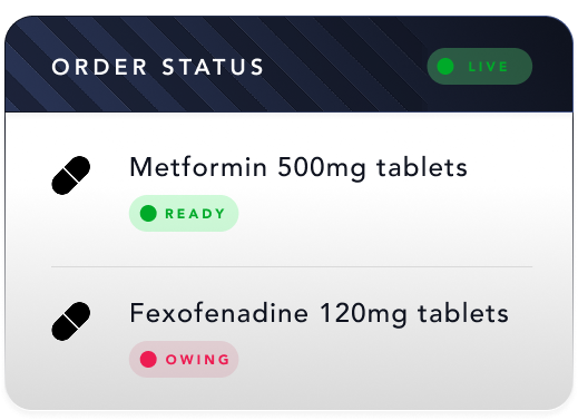 Order status: Metformin 500mg tablets ready, Fexofenadine 120mg tablets owing